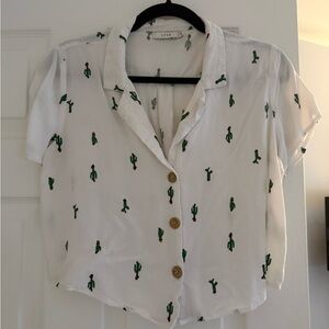 Lush White Cactus Button-Up Crop Top